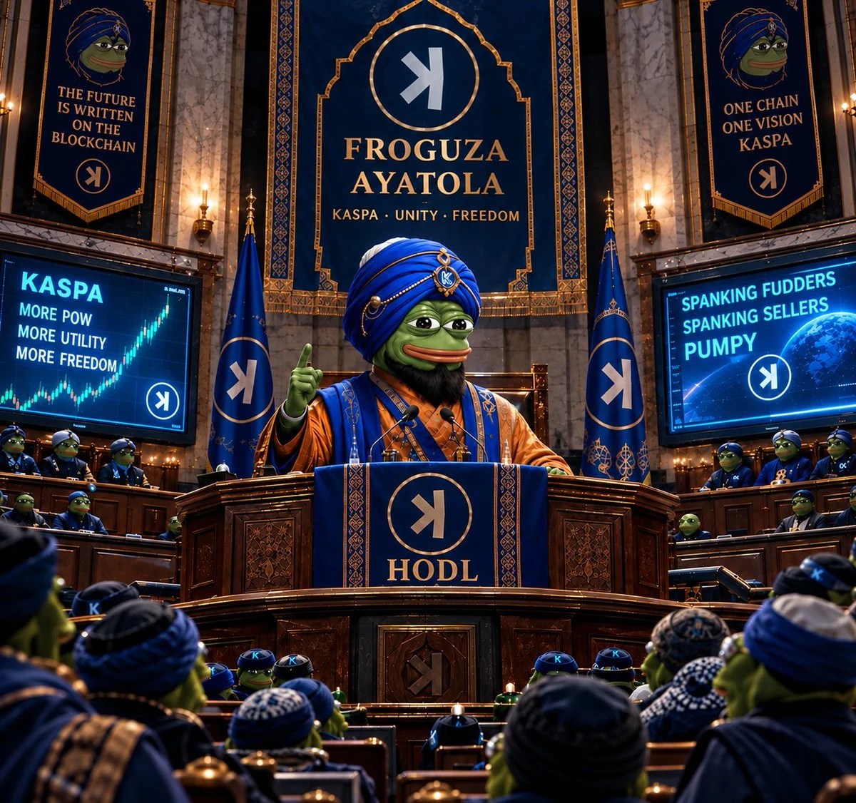 FROGUZA Ayatollah presiding over an assembly of frogs in a grand blue and gold hall