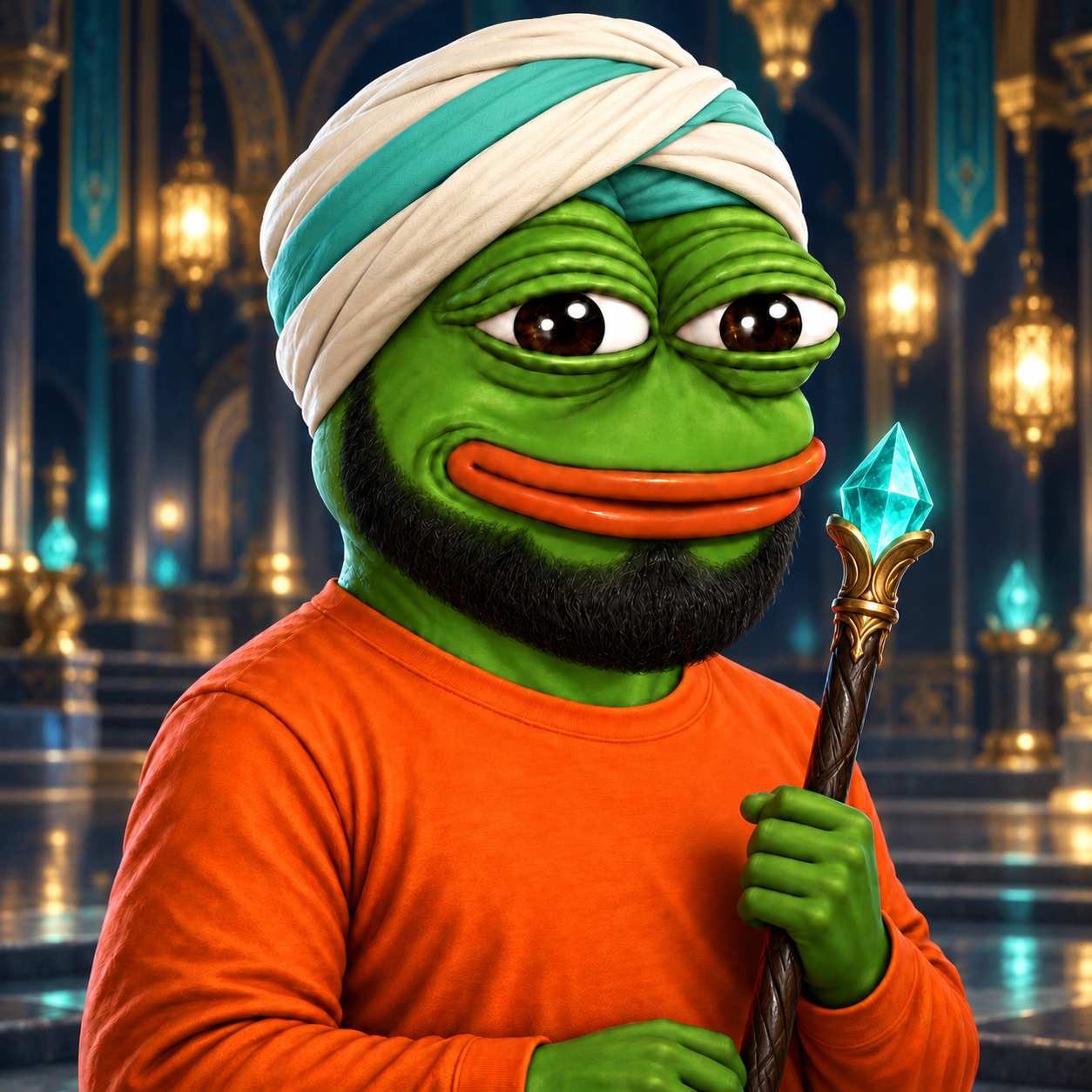 FROGUZA concept: Ayatola In Training holding Teal Crystal Staff in Ayatola's Hall.