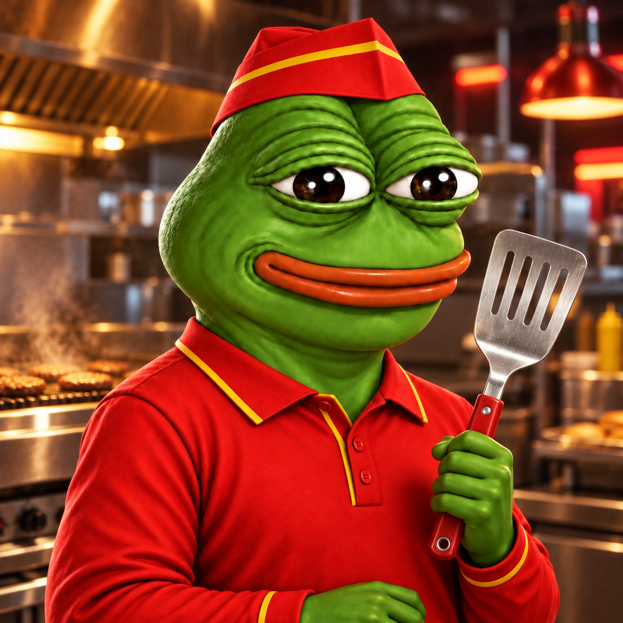 FROGUZA concept: McDumples Night Shift holding Burger Spatula in McDumples Night Kitchen.