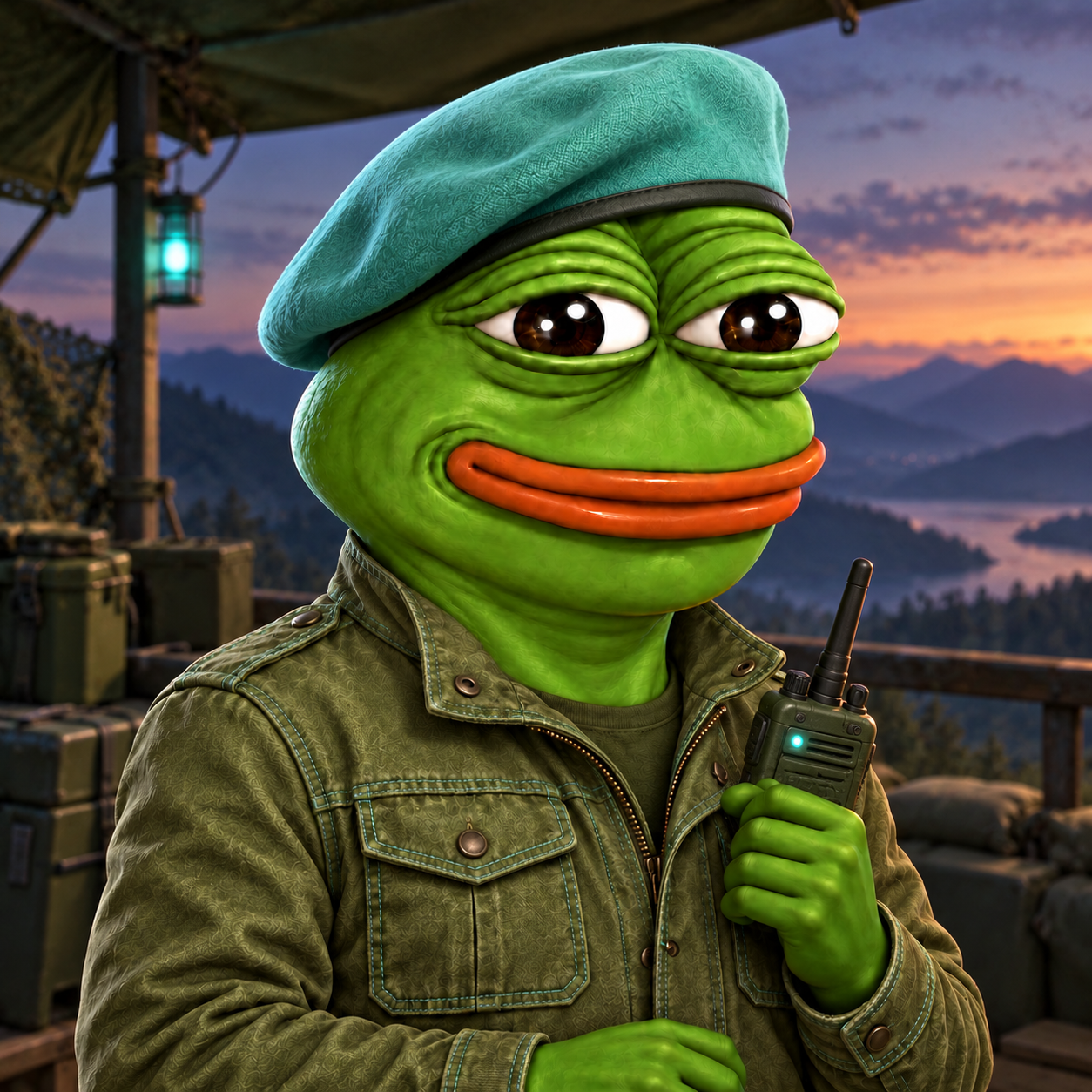 FROGUZA concept: Kazpi Protector holding Field Radio in Dusk Lookout.