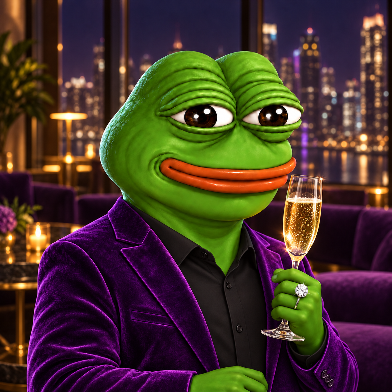 FROGUZA concept: Diamond Palm holding Champagne Flute in Degen Penthouse.