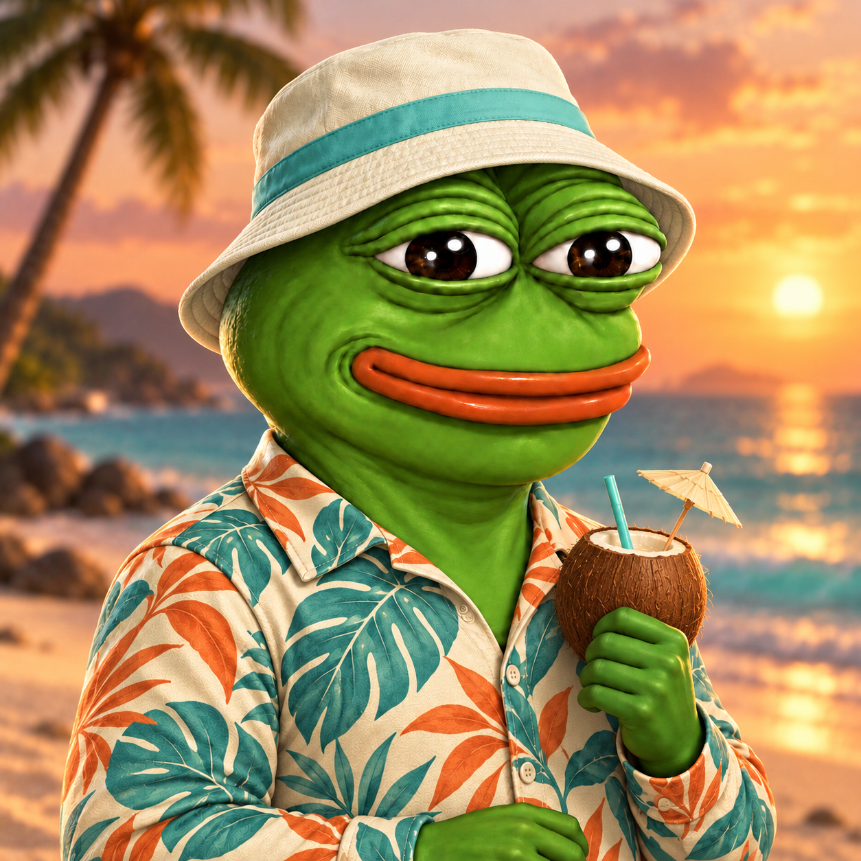 FROGUZA concept: Off-Duty Degen holding Coconut Drink in Degen Sunset Break.