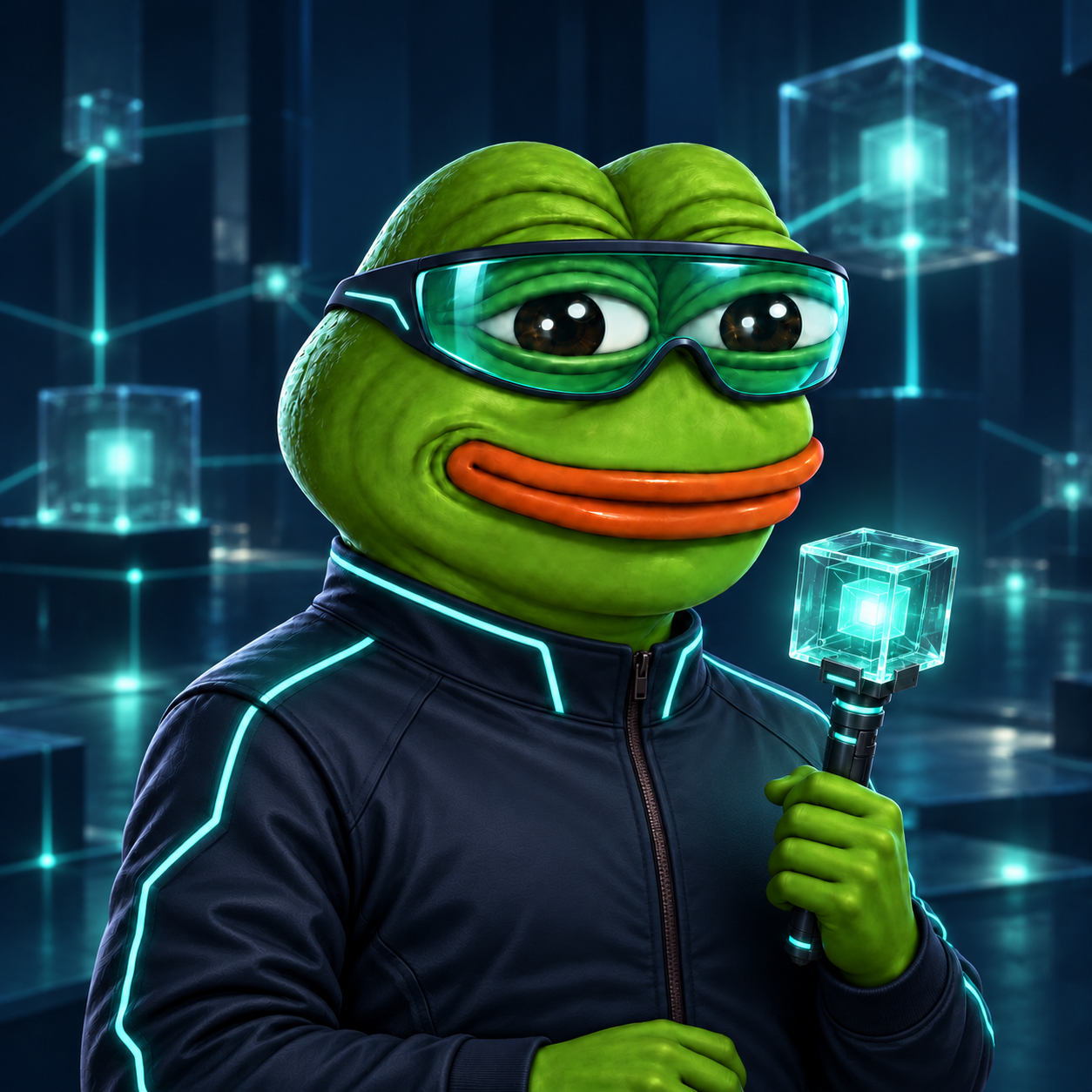 FROGUZA concept: Node Runner holding Cube Node Device in Kaspa Node Chamber.
