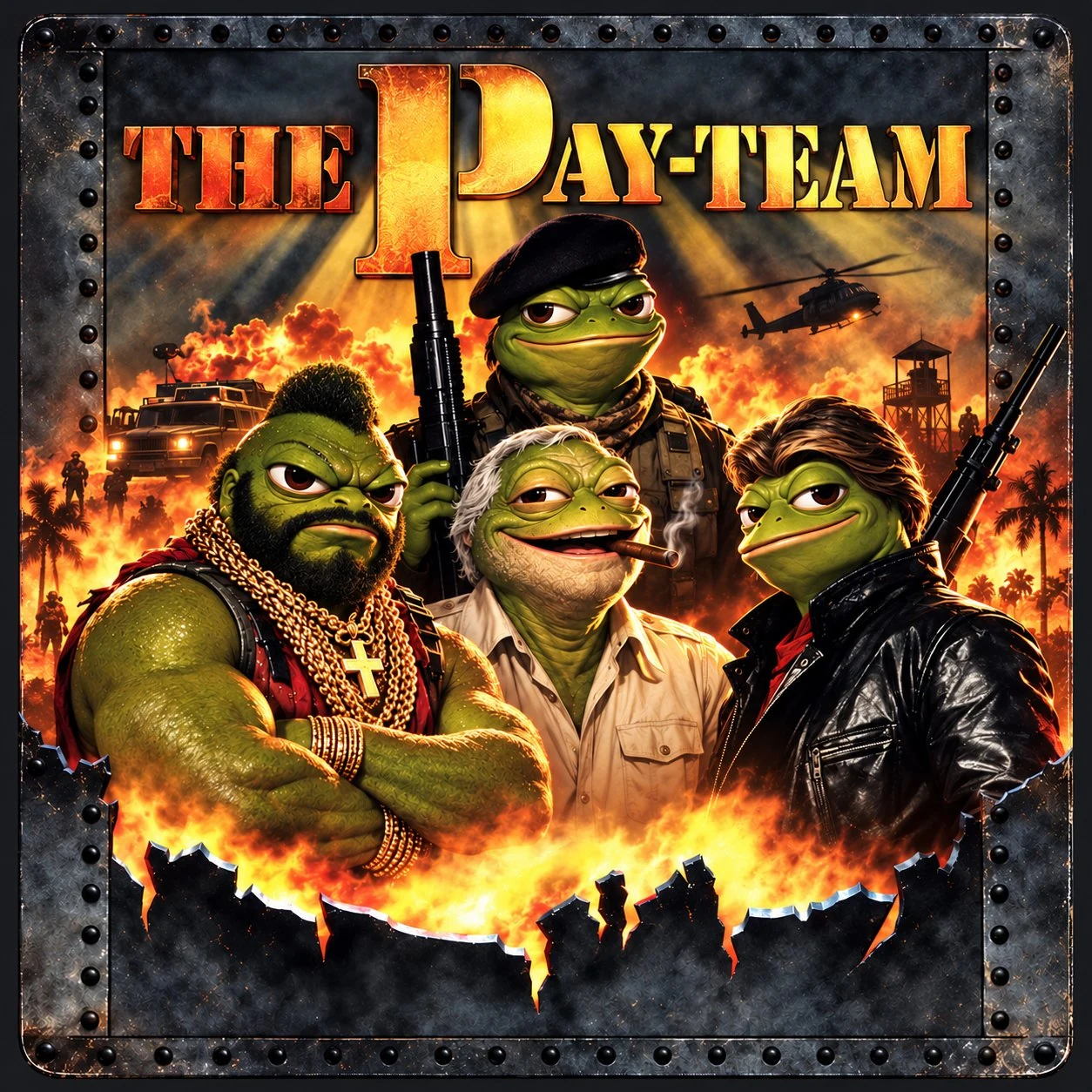 Official The Pay Team artwork: four frog action heroes in front of a fiery action-movie scene